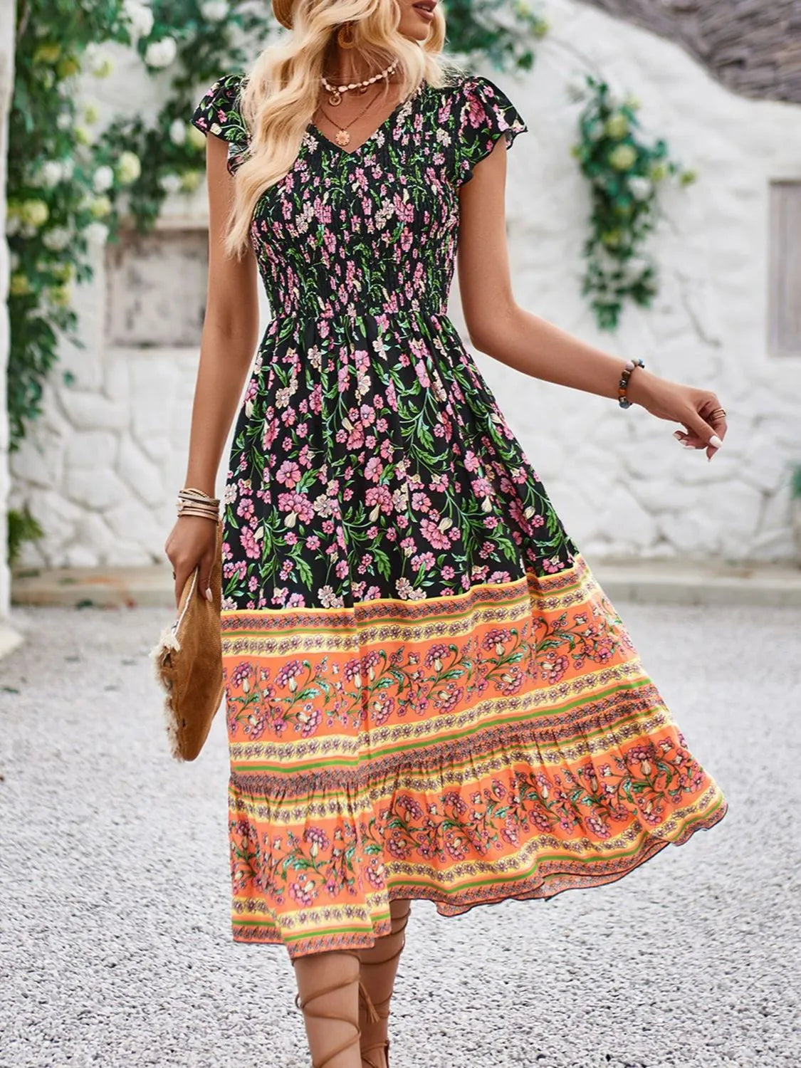 Hazel Blues® |  Printed Round Neck Cap Sleeve Dress
