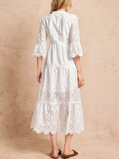 Hazel Blues® |  Eyelet Notched Tiered Midi Dress