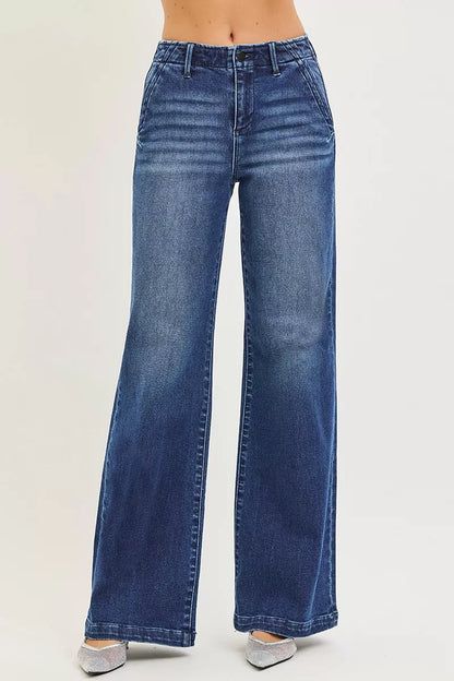 Hazel Blues® |  RISEN High Rise Wide Leg Slanted Pocket Jeans