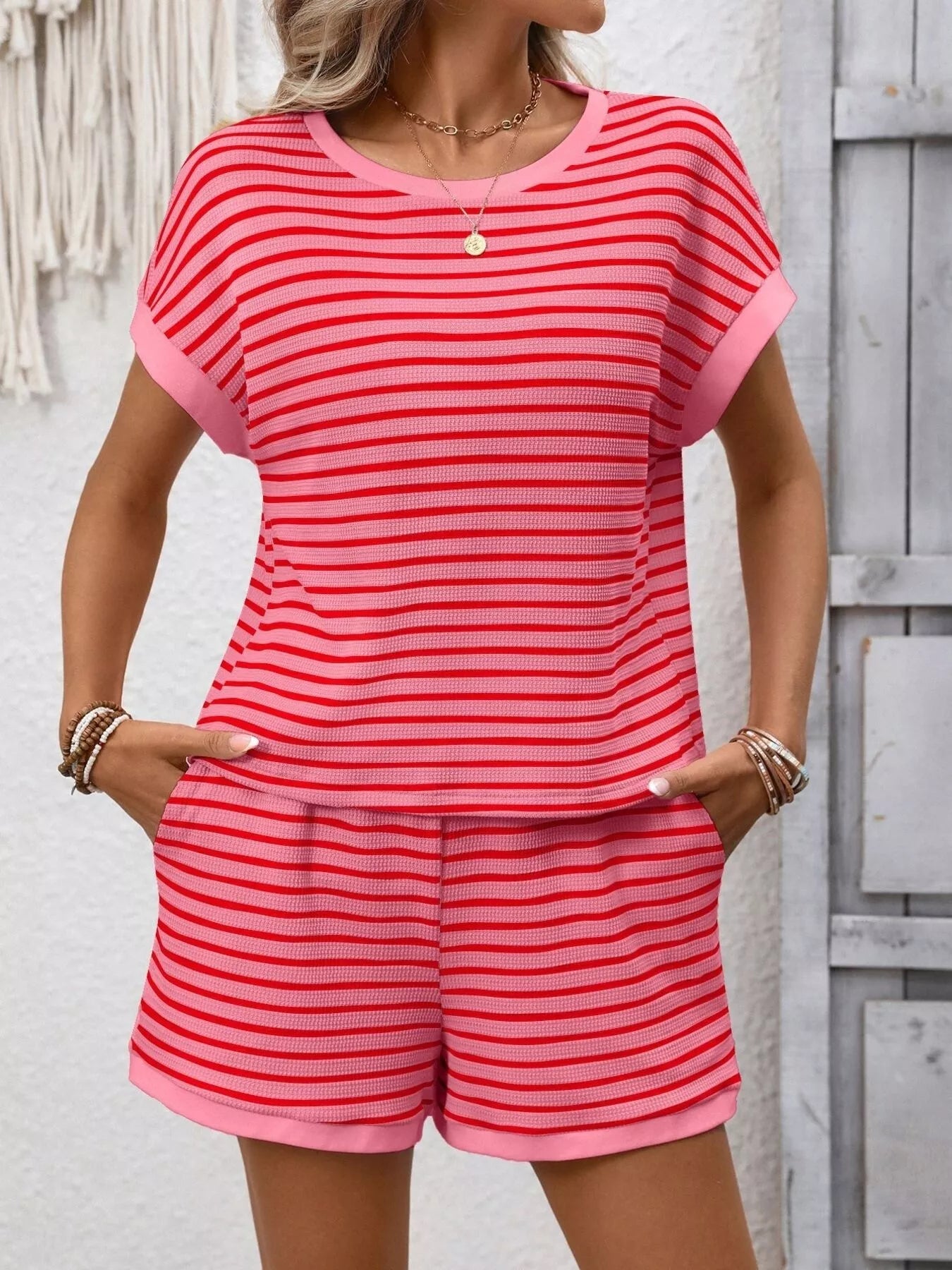 Hazel Blues® |  Striped Casual Round Neck Top and Shorts Set