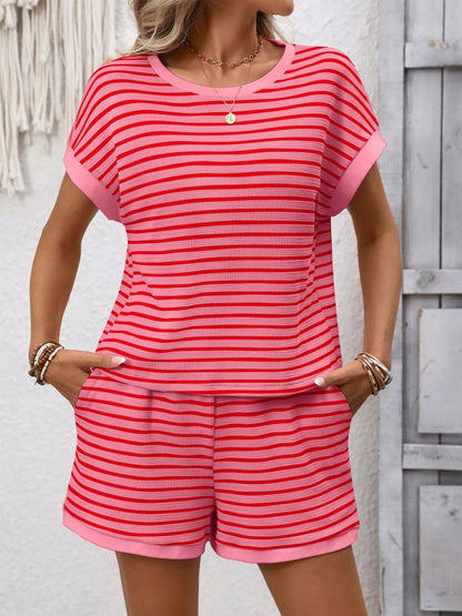 Hazel Blues® |  Striped Casual Round Neck Top and Shorts Set