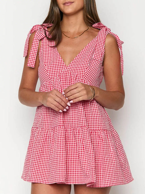 Hazel Blues® |  Gingham Tie-Shoulder Mini Dress