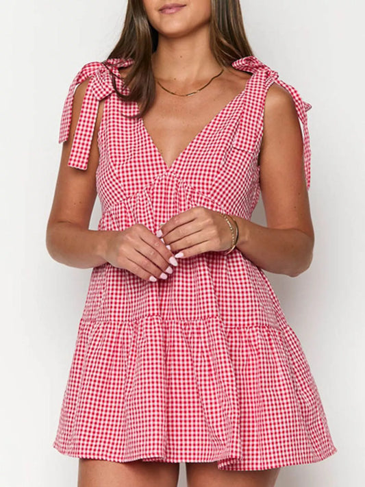Hazel Blues® |  Gingham Tie-Shoulder Mini Dress