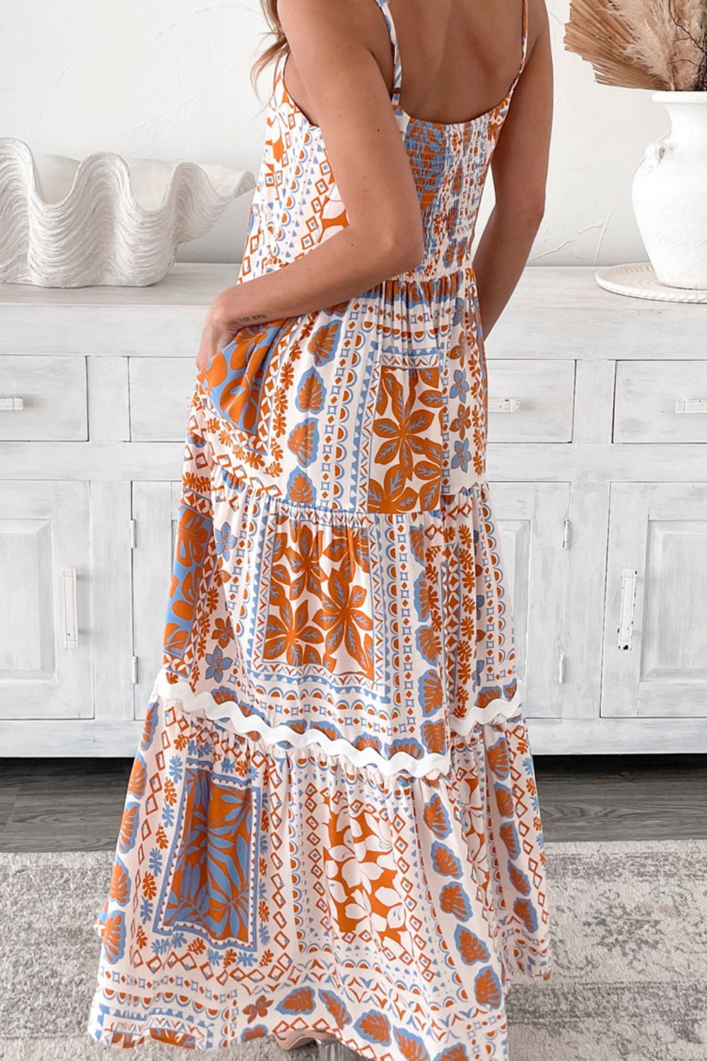Hazel Blues® |  Printed Smocked Back Ricrac Trim Cami Dress