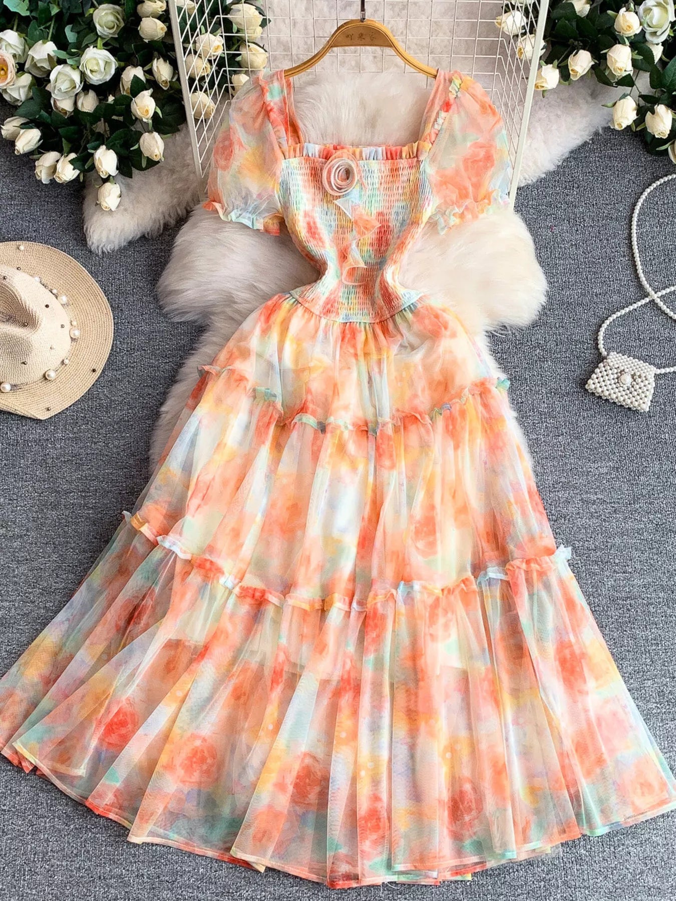 Hazel Blues® |  Smocked Floral Tiered Mesh Midi Dress