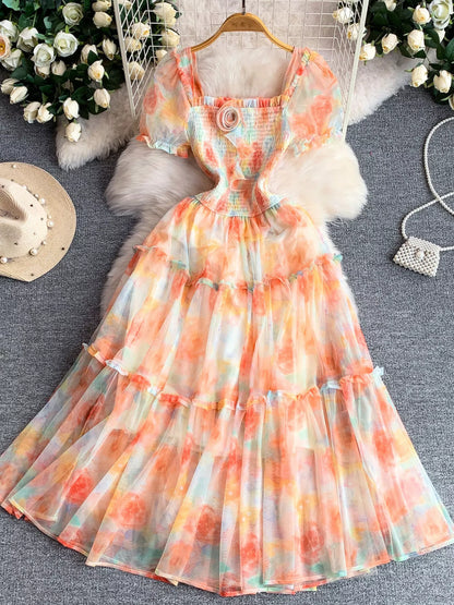 Hazel Blues® |  Smocked Floral Tiered Mesh Midi Dress
