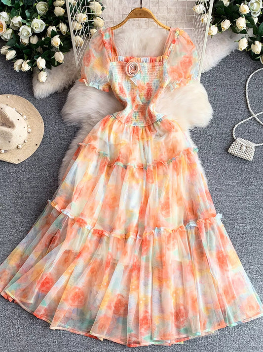 Hazel Blues® |  Smocked Floral Tiered Mesh Midi Dress