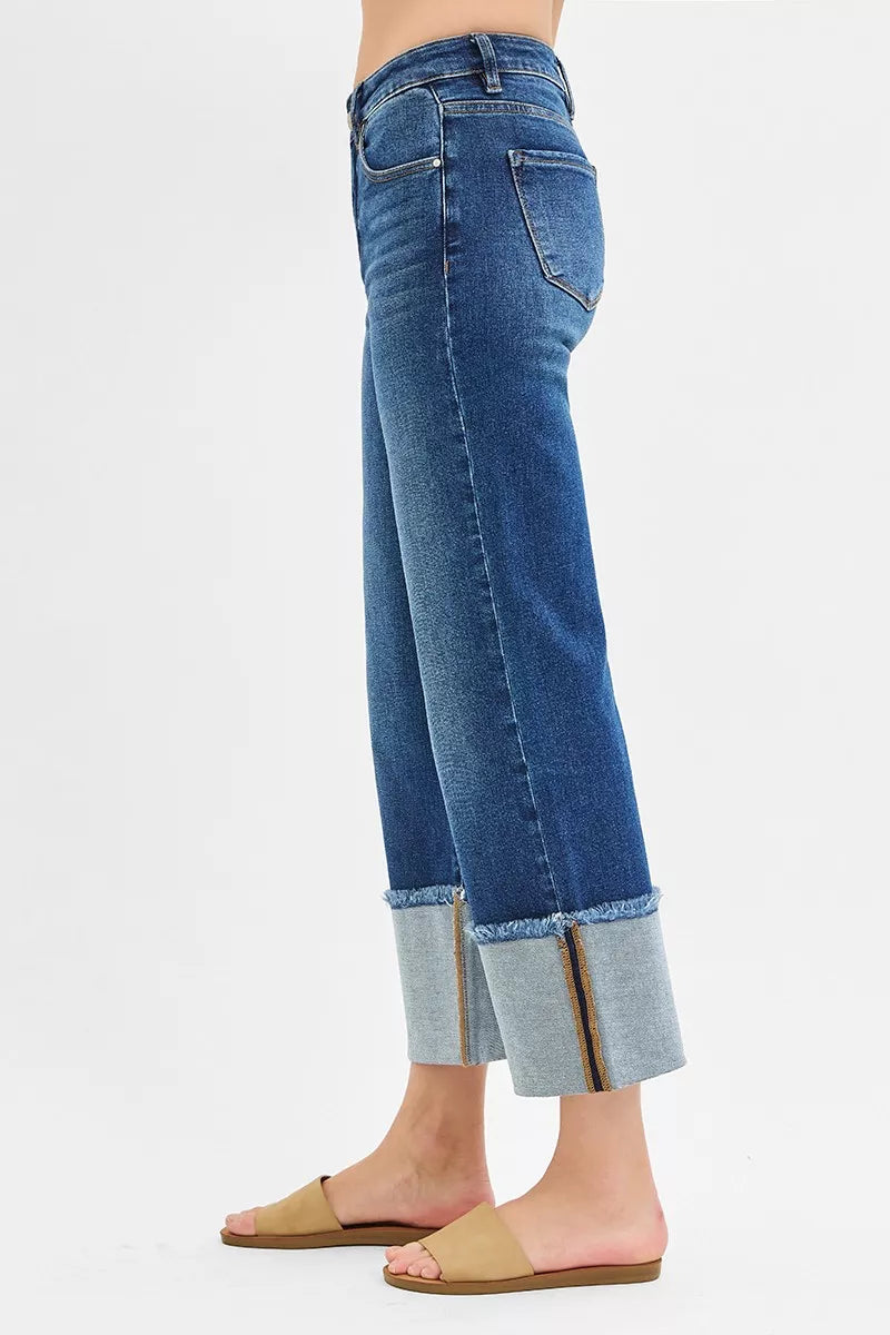 Hazel Blues® | RISEN Mid Rise Crop Wide Wide Cuffed Jeans