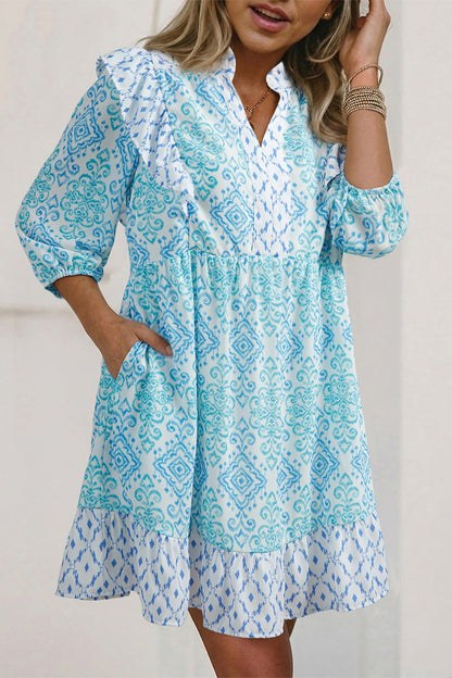 Hazel Blues® |  Floral Geometric Patchwork Ruffle Detail Puff Sleeve Mini Dress