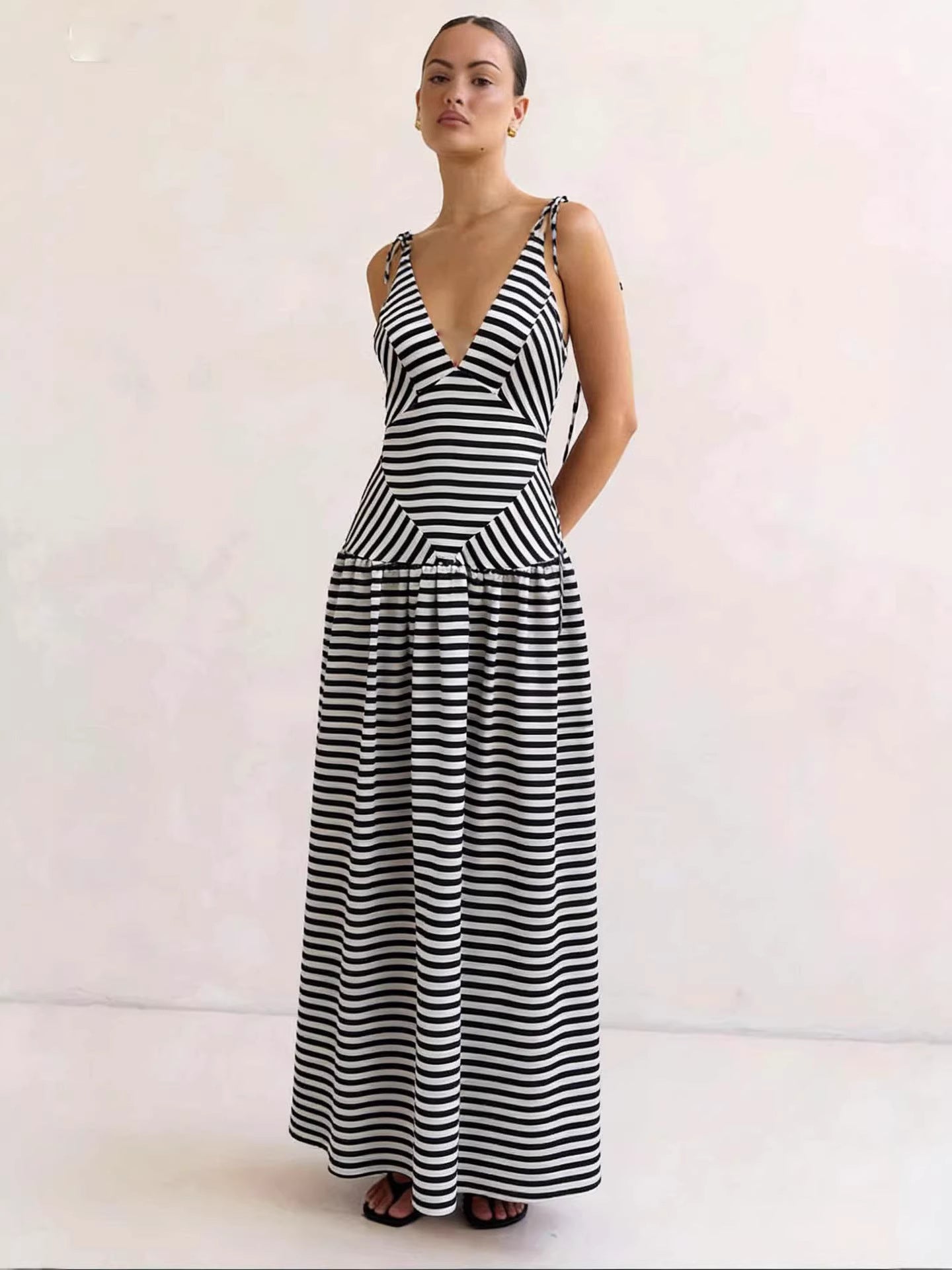 Hazel Blues® |  Striped V-Neck Tie-Shoulder Maxi Dress