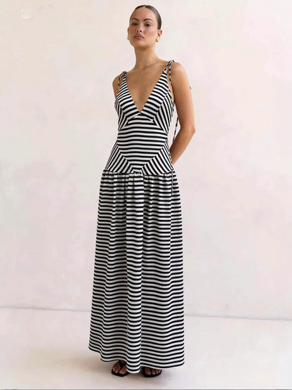Hazel Blues® |  Striped V-Neck Tie-Shoulder Maxi Dress