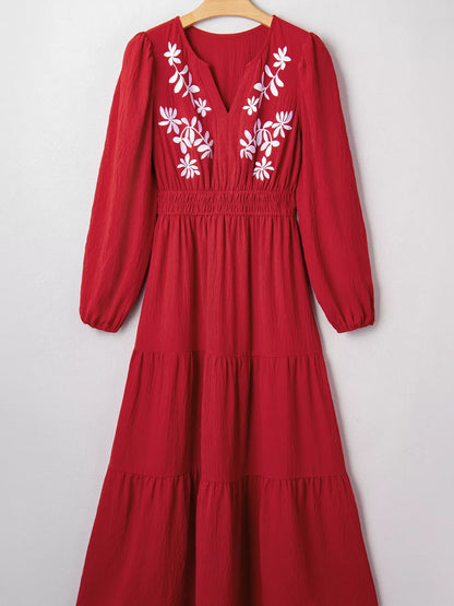 Hazel Blues® |  Contrast Embroidered Detail Cinched Waist Tiered Long Sleeve Maxi Dress