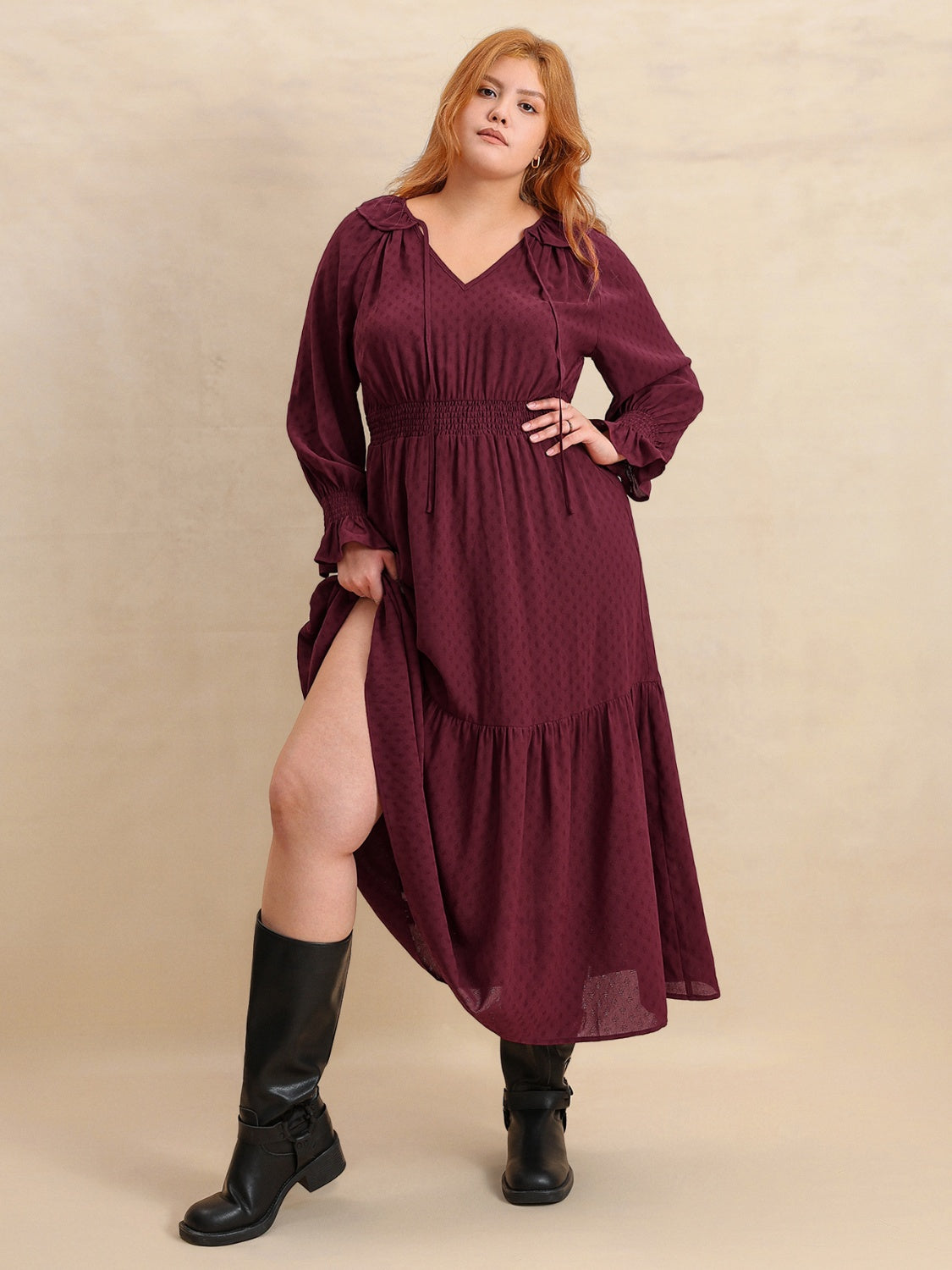Hazel Blues® | Swiss Dot Tie Neck Flounce Sleeve Maxi Dress