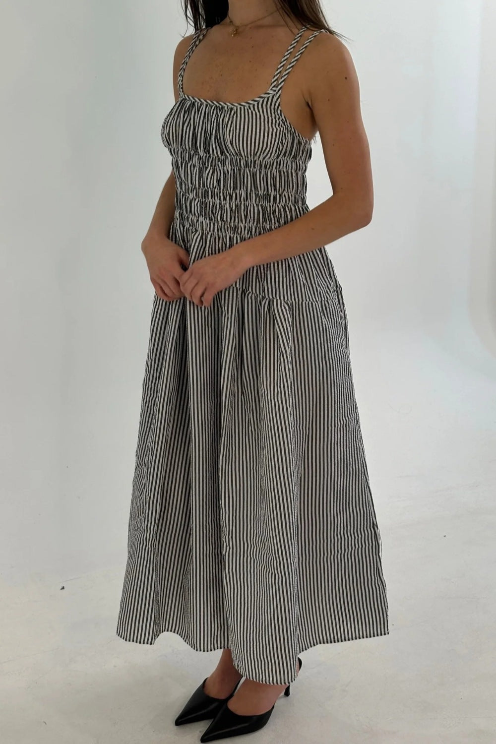 Hazel Blues® |  Striped Smocked Bodice Midi Dress
