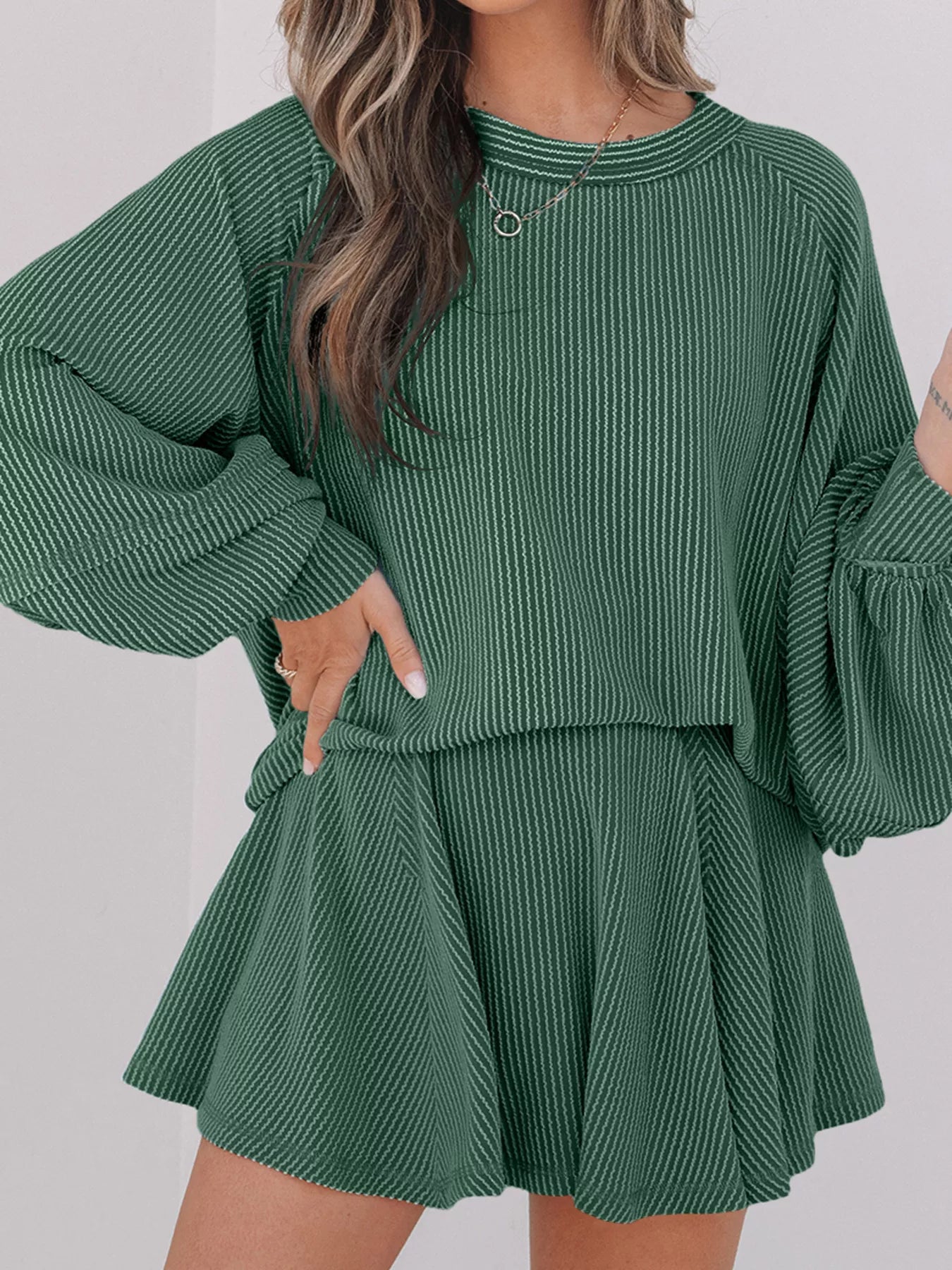 Hazel Blues® |  Corded Lantern Sleeve Top and High Waist Mini Skirt Set