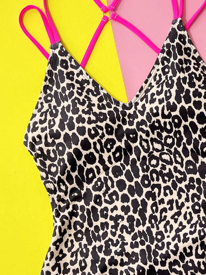 Hazel Blues® | Leopard Plunge Spaghetti Strap One-Piece Swimwear