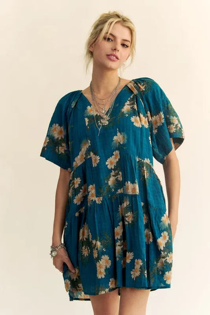 Hazel Blues® |  Davi & Dani Floral Print Short Bell Sleeve Pleated Mini Dress