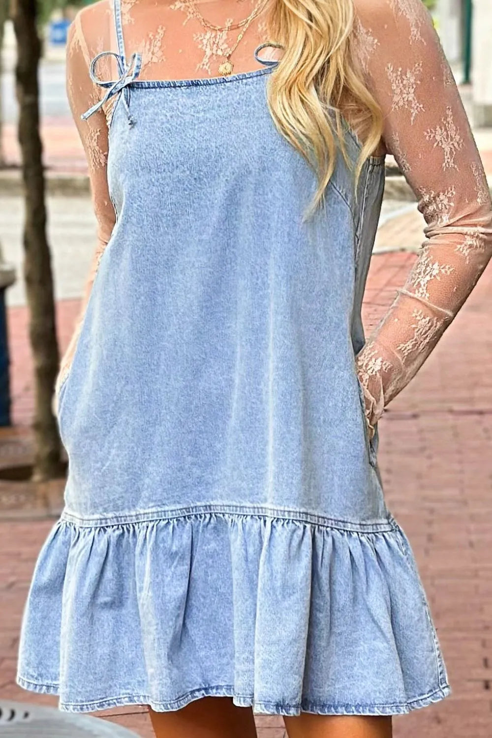 Hazel Blues® |  Bow Detail Spaghetti Straps Ruffle Hem Denim Dress