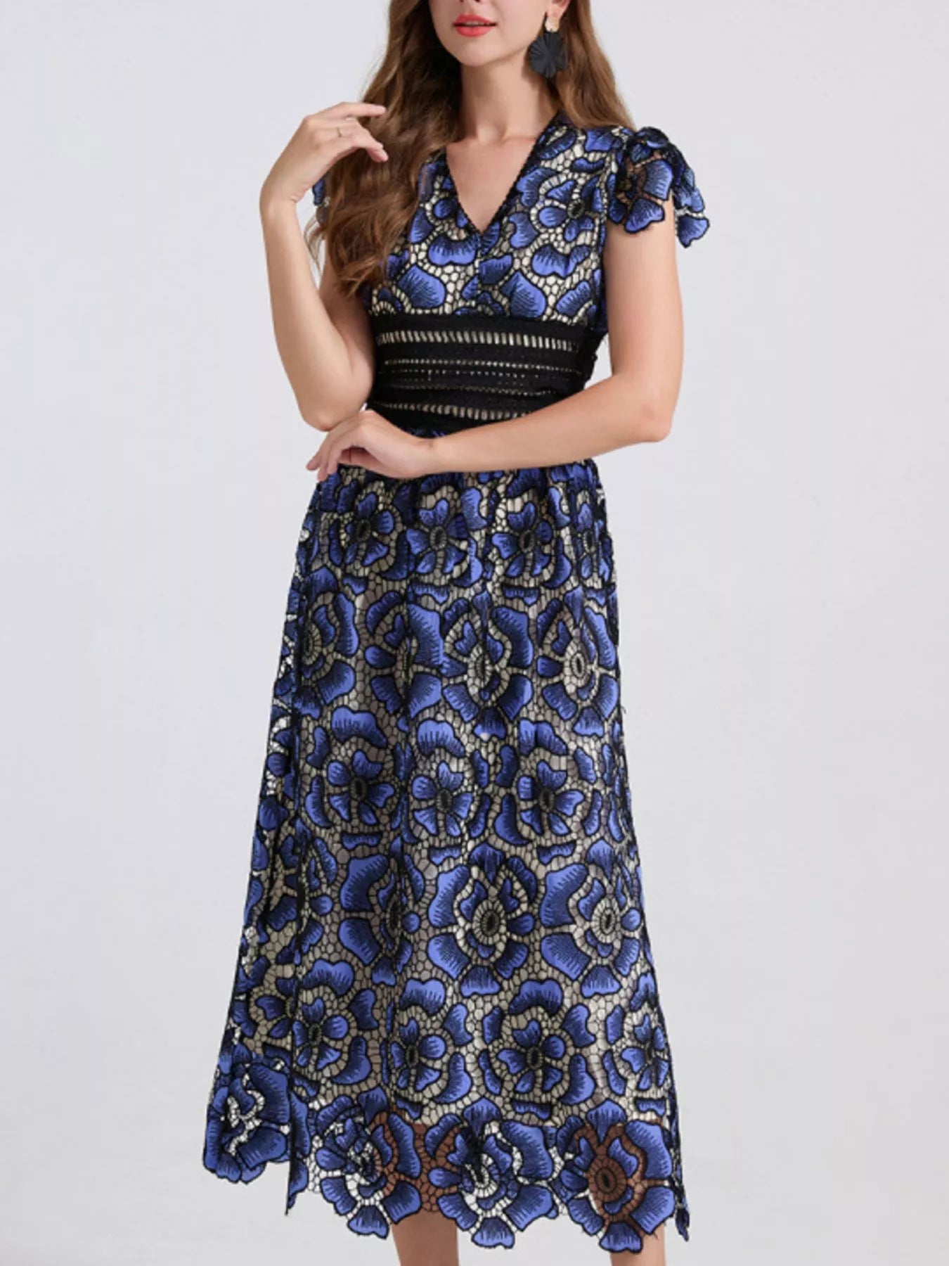 Hazel Blues® |  Printed V-Neck Ruffle Sleeve Midi Dress