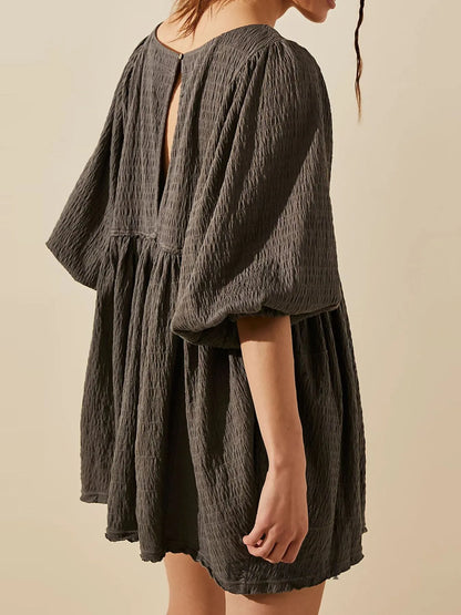 Hazel Blues® |  Relaxed Textured Babydoll Mini Dress with Back Keyhole Detail