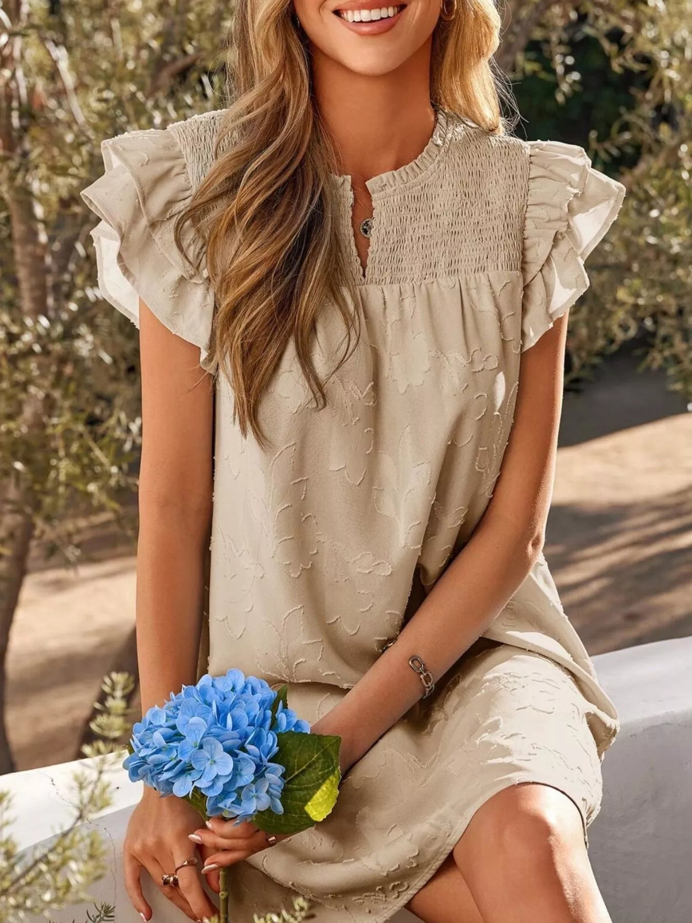Hazel Blues® |  Floral Embossed Ruffle Sleeve Mini Dress