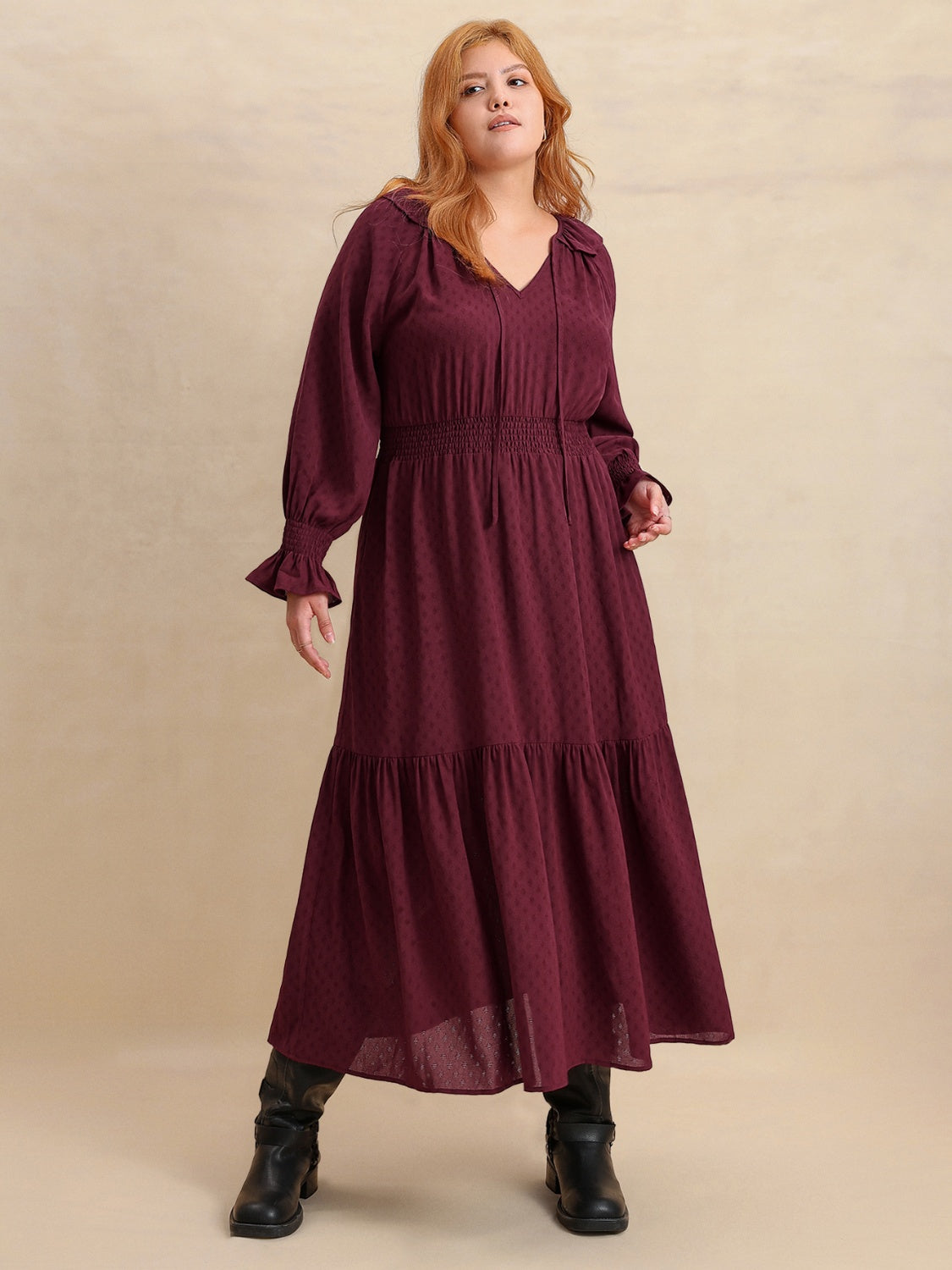Hazel Blues® | Swiss Dot Tie Neck Flounce Sleeve Maxi Dress