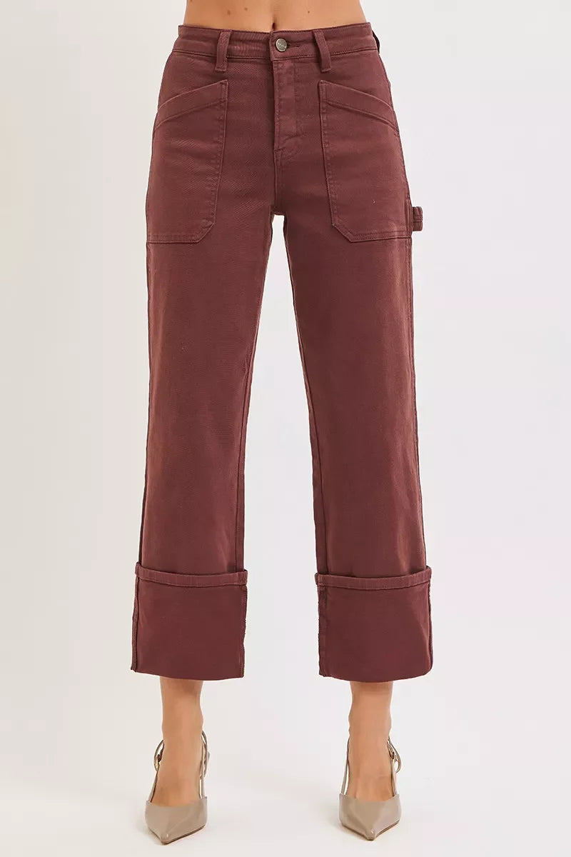 Hazel Blues® | RISEN High Rise Wide Straight Cuffed Patch Jeans