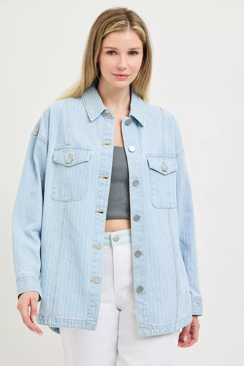 Hazel Blues® |  RISEN Oversized Stripe Denim Shaket