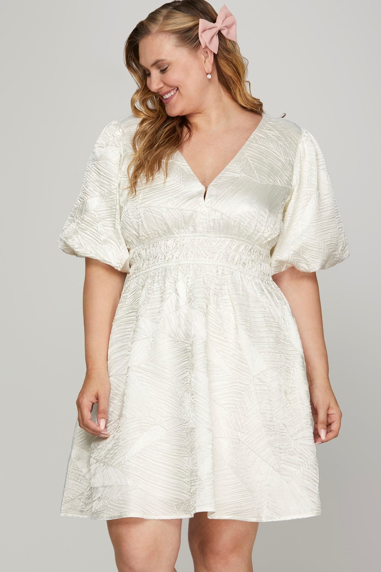 Hazel Blues® |  She + Sky Crinkle Woven V-Neck Balloon Sleeve Mini Dress