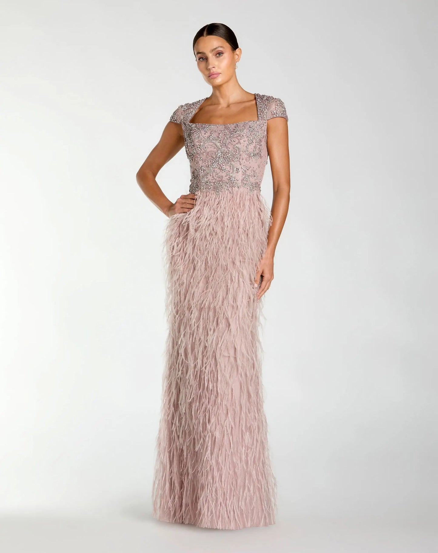 Pink Embellished Cap Sleeve Feather Gown