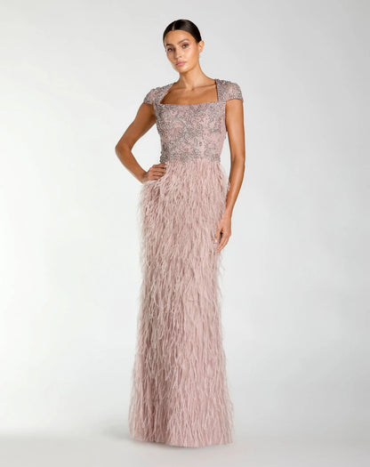Pink Embellished Cap Sleeve Feather Gown