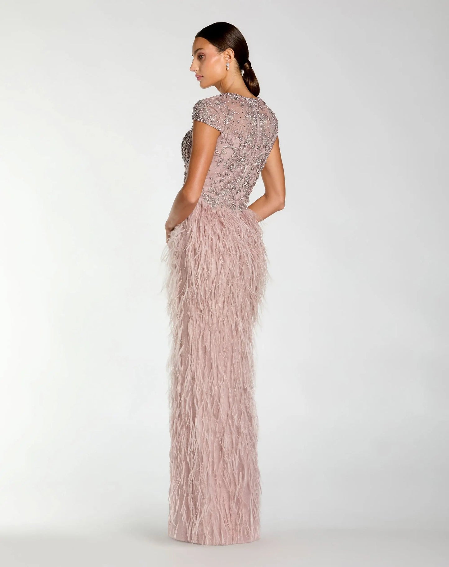 Pink Embellished Cap Sleeve Feather Gown