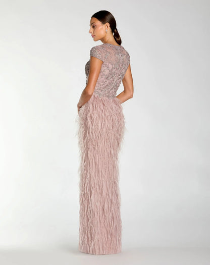 Pink Embellished Cap Sleeve Feather Gown