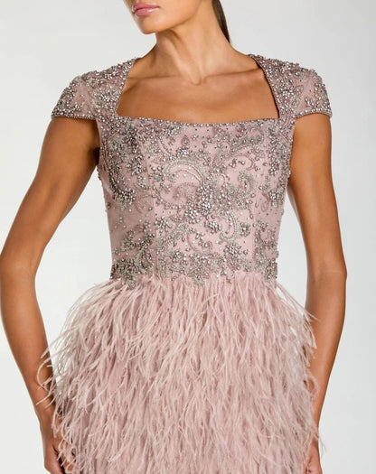 Pink Embellished Cap Sleeve Feather Gown