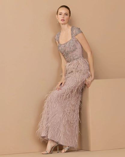 Pink Embellished Cap Sleeve Feather Gown