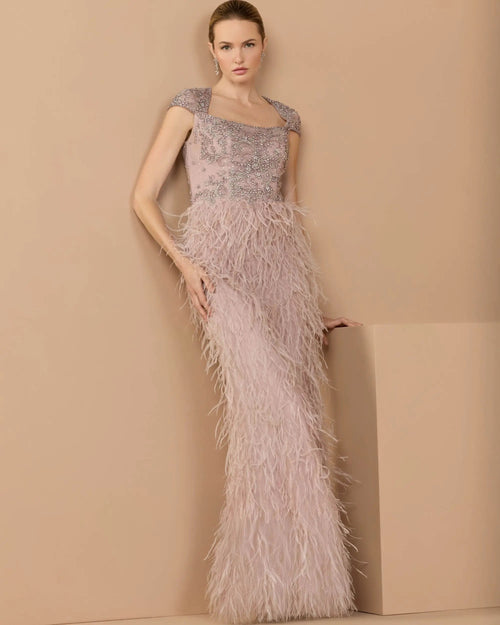 Pink Embellished Cap Sleeve Feather Gown
