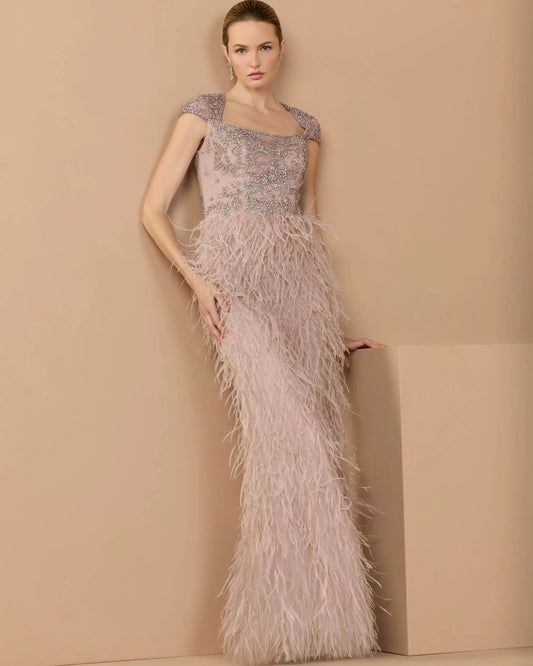 Pink Embellished Cap Sleeve Feather Gown