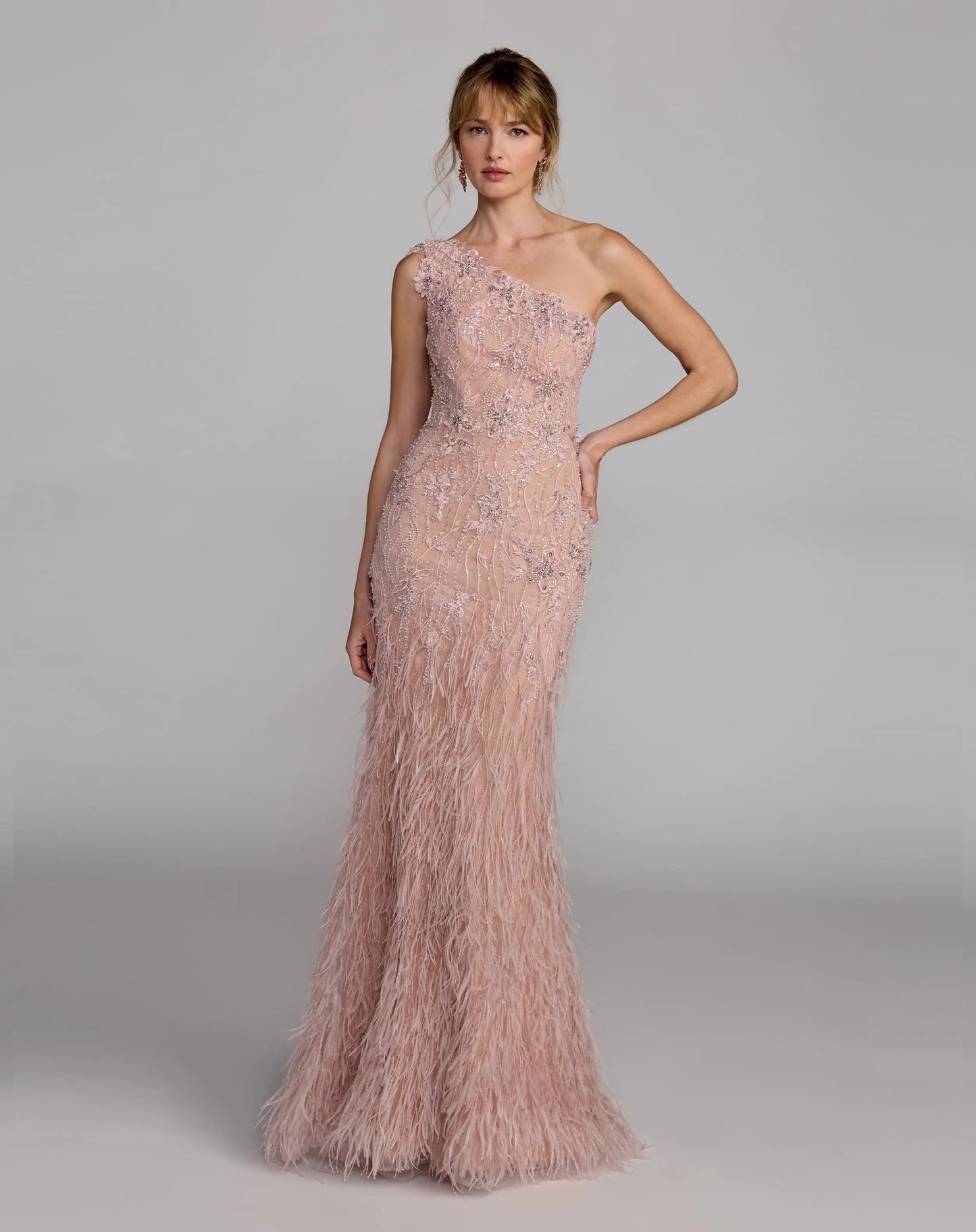 Pink Embellished Lace One Shoulder Feather Gown