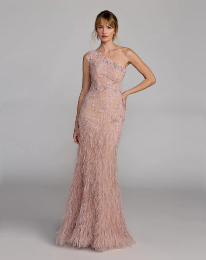 Pink Embellished Lace One Shoulder Feather Gown