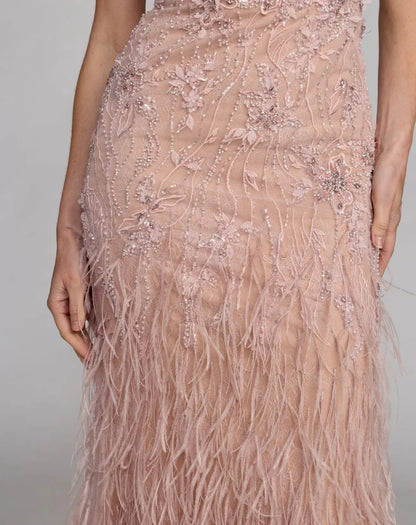 Pink Embellished Lace One Shoulder Feather Gown