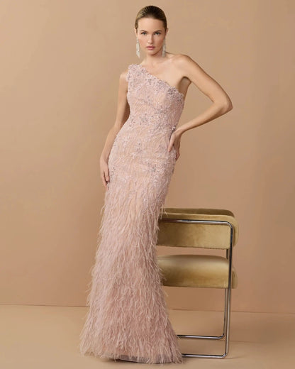 Pink Embellished Lace One Shoulder Feather Gown