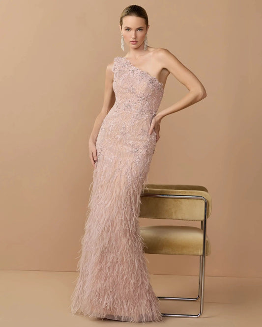 Pink Embellished Lace One Shoulder Feather Gown