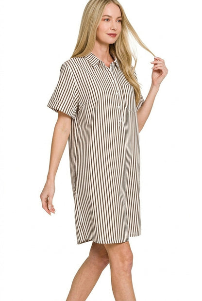 Hazel Blues® |  Zenana Stripe Collared Half Button Up T-Shirts Dress