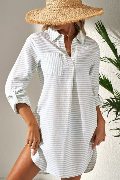 Hazel Blues® |  Striped Johnny Collar Long Sleeve Mini Shirt Dress