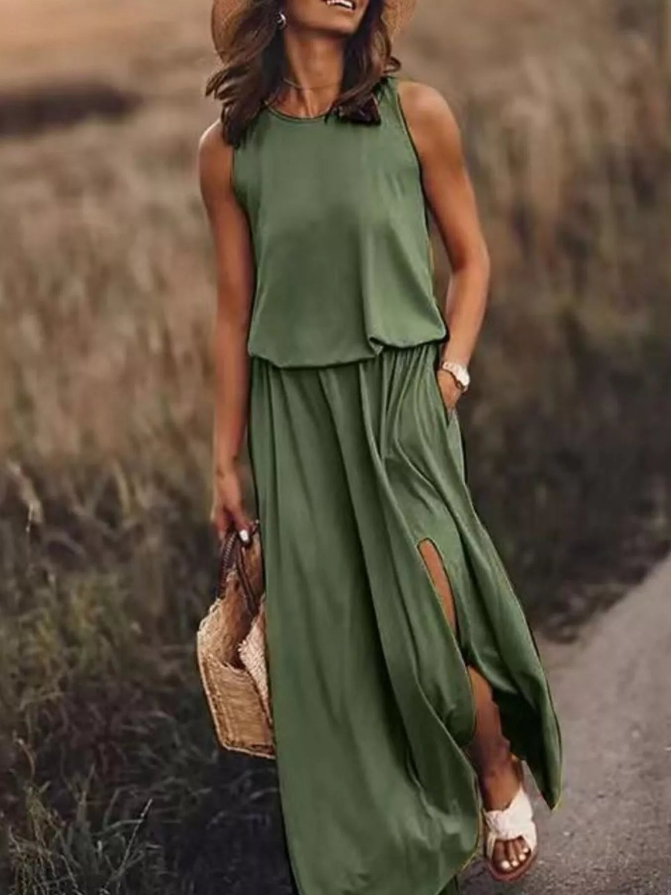 Hazel Blues® | Round Neck Sleeveless Slit Maxi Dress