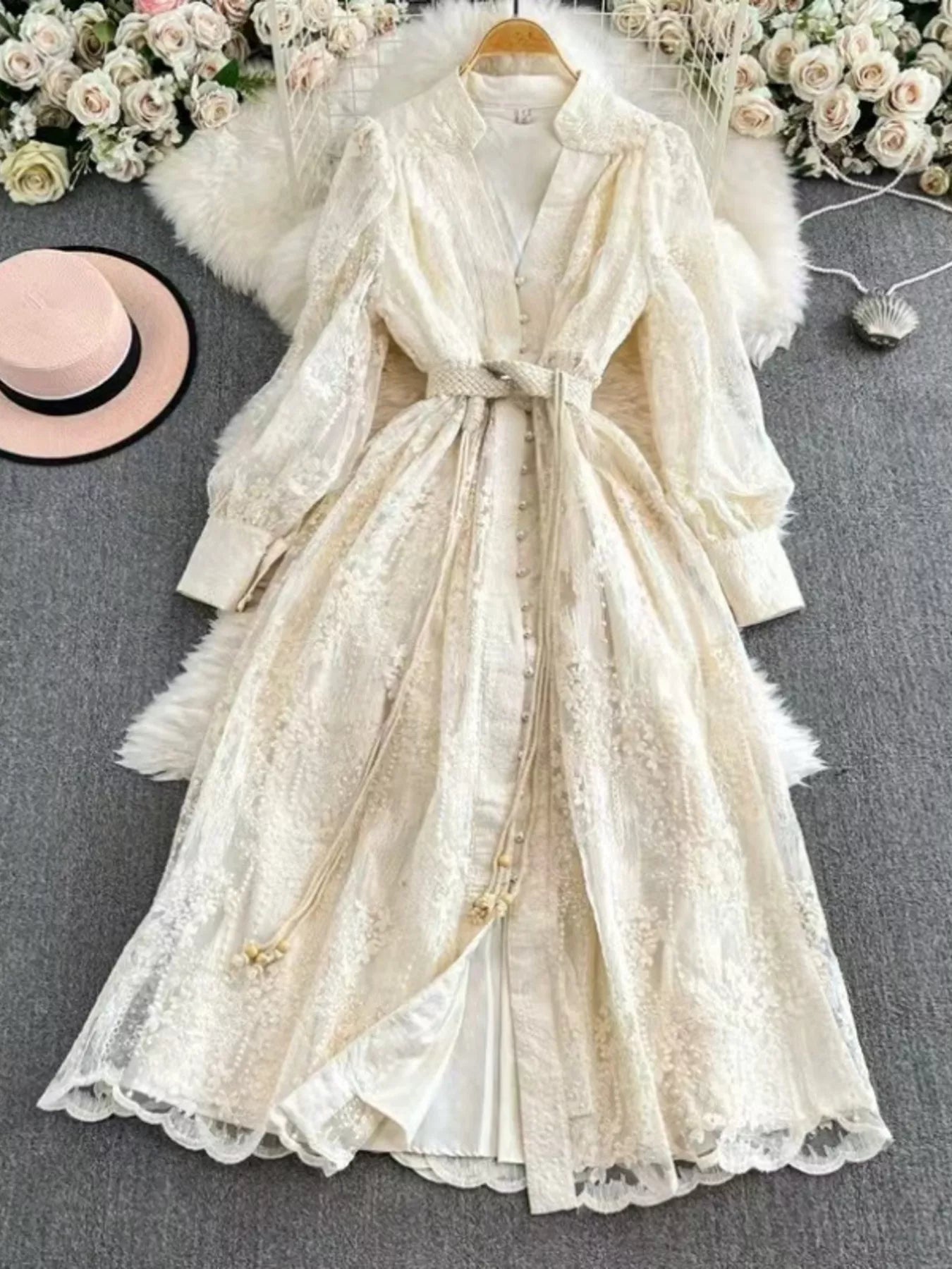 Hazel Blues® |  Lace Tie Waist Long Sleeve Dress