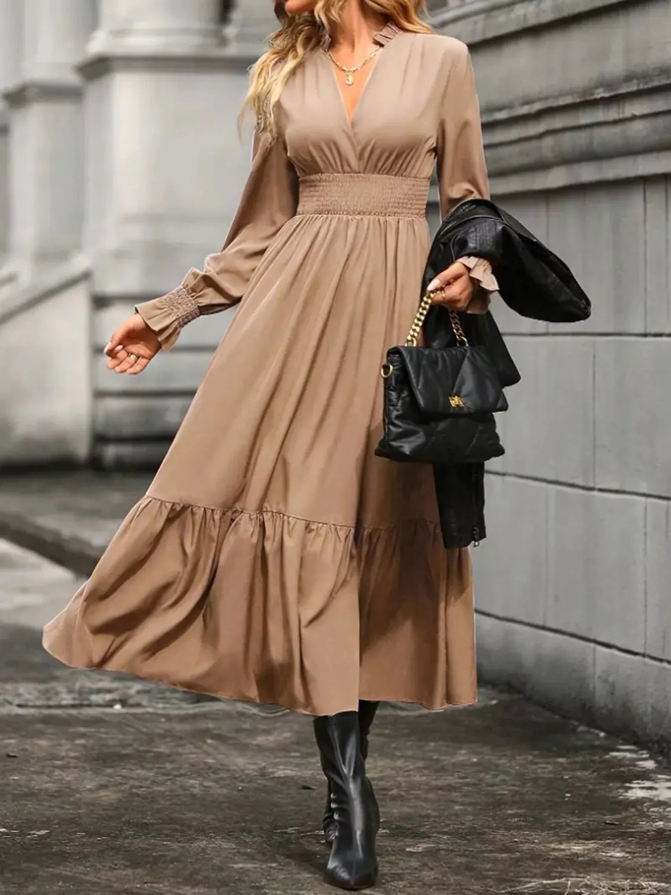 Hazel Blues® |  Surplice Long Sleeve Tiered Midi Dress
