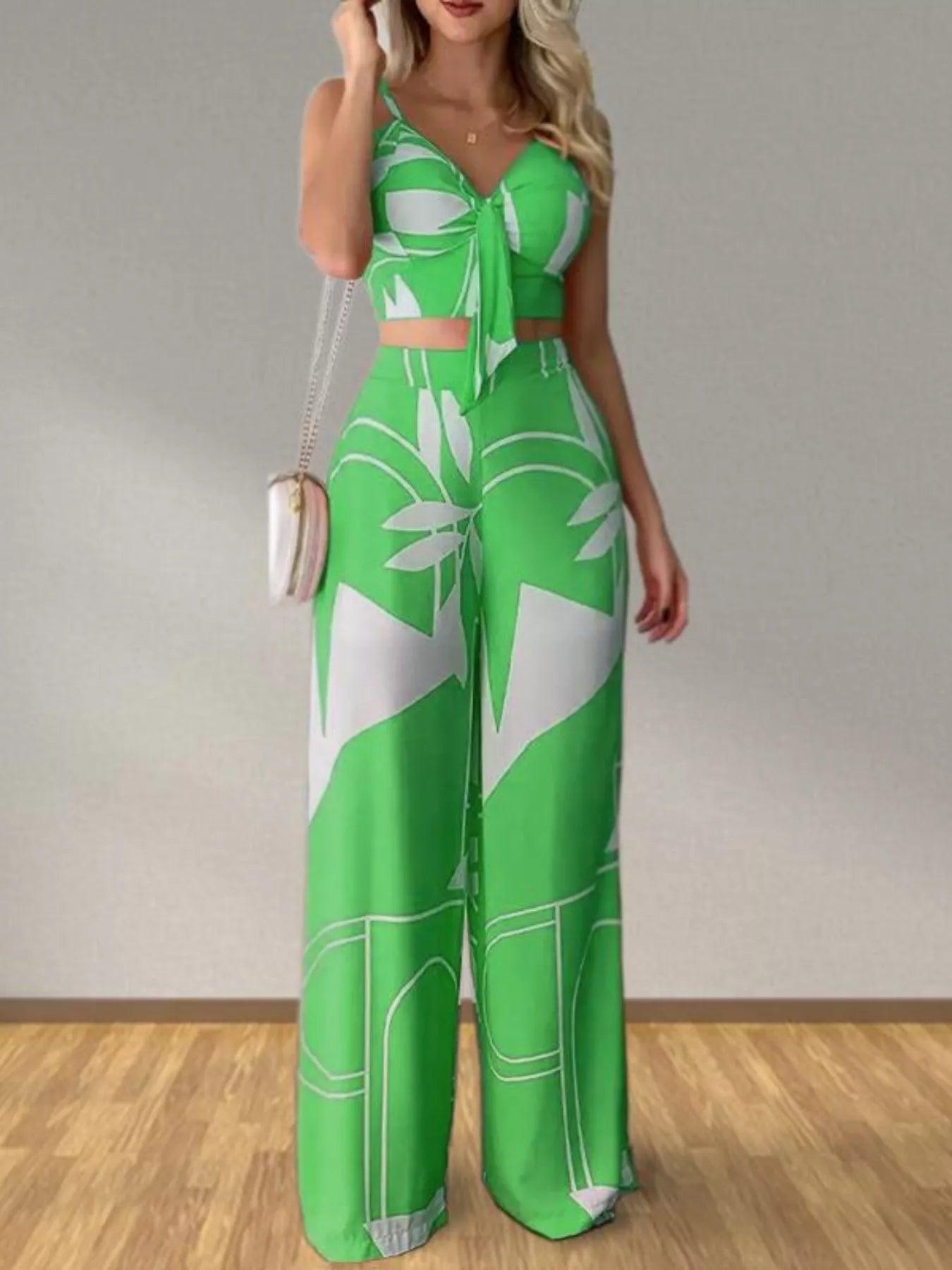Hazel Blues® |  Tropical Print Spaghetti Strap Crop Top and Wide Leg Pants Set