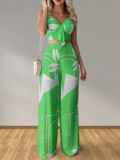 Hazel Blues® |  Tropical Print Spaghetti Strap Crop Top and Wide Leg Pants Set