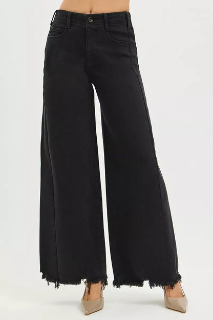 Hazel Blues® |  RISEN Tummy Control High Rise Palazzo Leg Frayed Hem Jeans